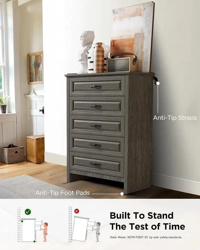 Alt view image 4 of 6 - 5 Drawers Dresser Chests for Bedroom, 42.7 Inch Tall Wooden Dresser, Farmhouse Storgae Organizer with Large Drawers & Bar Handles for Bedroom, Entryway, Hallway, Grey
