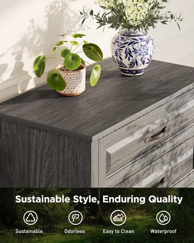 Alt view image 5 of 6 - 5 Drawers Dresser Chests for Bedroom, 42.7 Inch Tall Wooden Dresser, Farmhouse Storgae Organizer with Large Drawers & Bar Handles for Bedroom, Entryway, Hallway, Grey