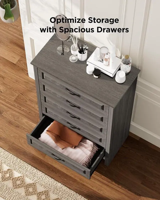 Alt view image 6 of 6 - 5 Drawers Dresser Chests for Bedroom, 42.7 Inch Tall Wooden Dresser, Farmhouse Storgae Organizer with Large Drawers & Bar Handles for Bedroom, Entryway, Hallway, Grey