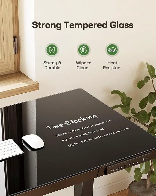 Alt view image 2 of 5 - Glass Standing Desk with Drawer, 48 x 24 inch Electric Standing Desk, Height Adjustable Desk with One-Piece Tabletop & USB Charging Ports, Sit Stand Desk with Storage for Home & Office Black
