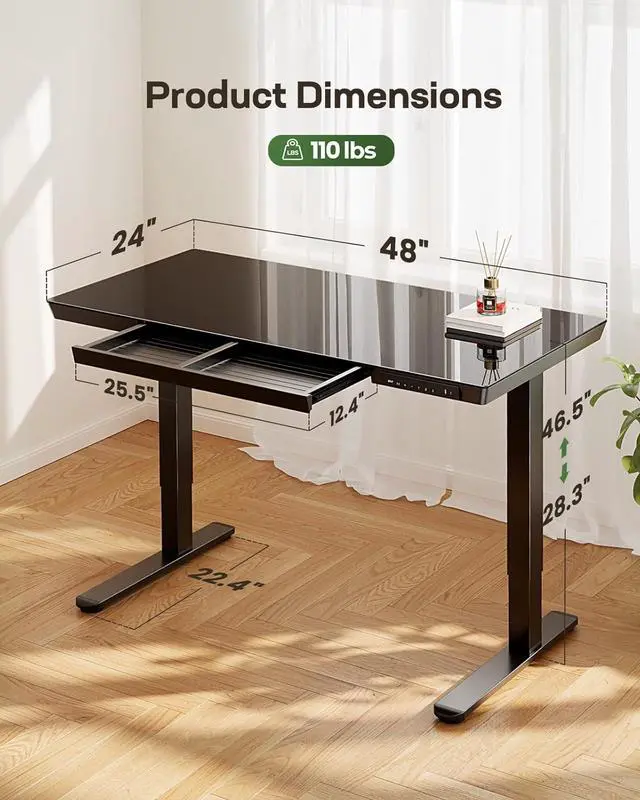 Alt view image 4 of 5 - Glass Standing Desk with Drawer, 48 x 24 inch Electric Standing Desk, Height Adjustable Desk with One-Piece Tabletop & USB Charging Ports, Sit Stand Desk with Storage for Home & Office Black
