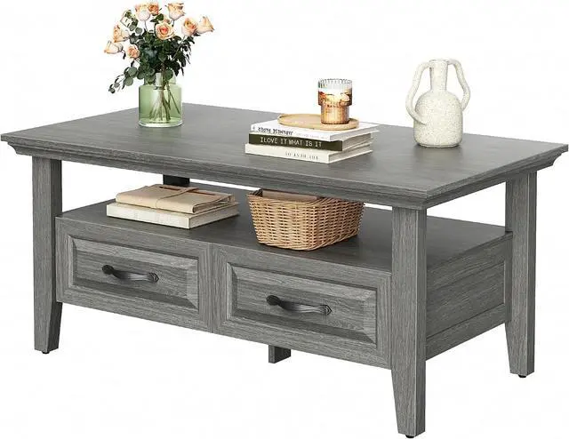 Main image of Farmhouse Coffee Table with Storage, 39.4" Wood Coffee Table for Living Room, Rustic Center Table with 2 Drawers, Open Display Area, Dark Grey