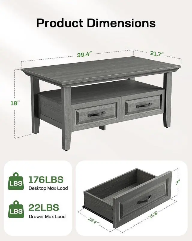 Alt view image 3 of 7 - Farmhouse Coffee Table with Storage, 39.4" Wood Coffee Table for Living Room, Rustic Center Table with 2 Drawers, Open Display Area, Dark Grey