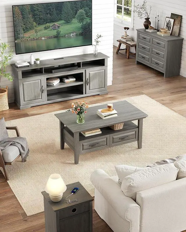 Alt view image 4 of 7 - Farmhouse Coffee Table with Storage, 39.4" Wood Coffee Table for Living Room, Rustic Center Table with 2 Drawers, Open Display Area, Dark Grey