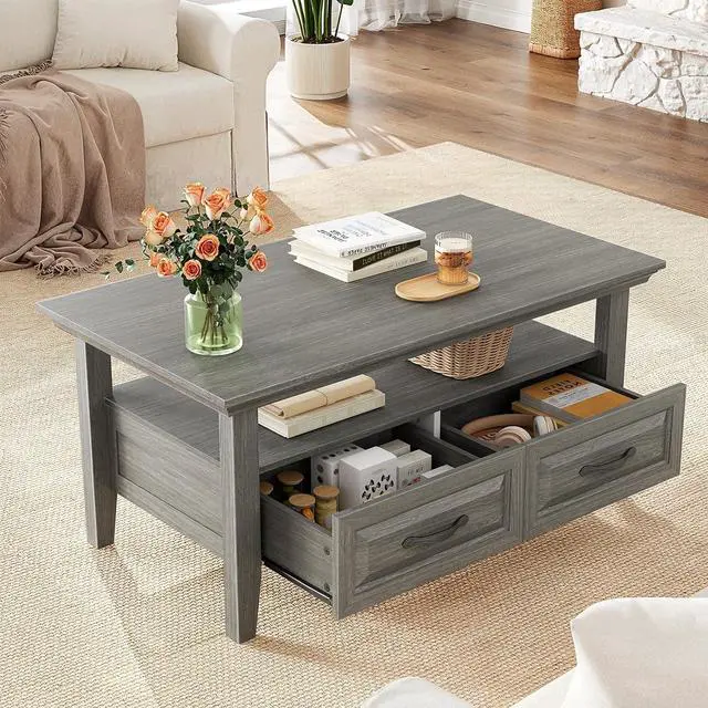 Alt view image 6 of 7 - Farmhouse Coffee Table with Storage, 39.4" Wood Coffee Table for Living Room, Rustic Center Table with 2 Drawers, Open Display Area, Dark Grey