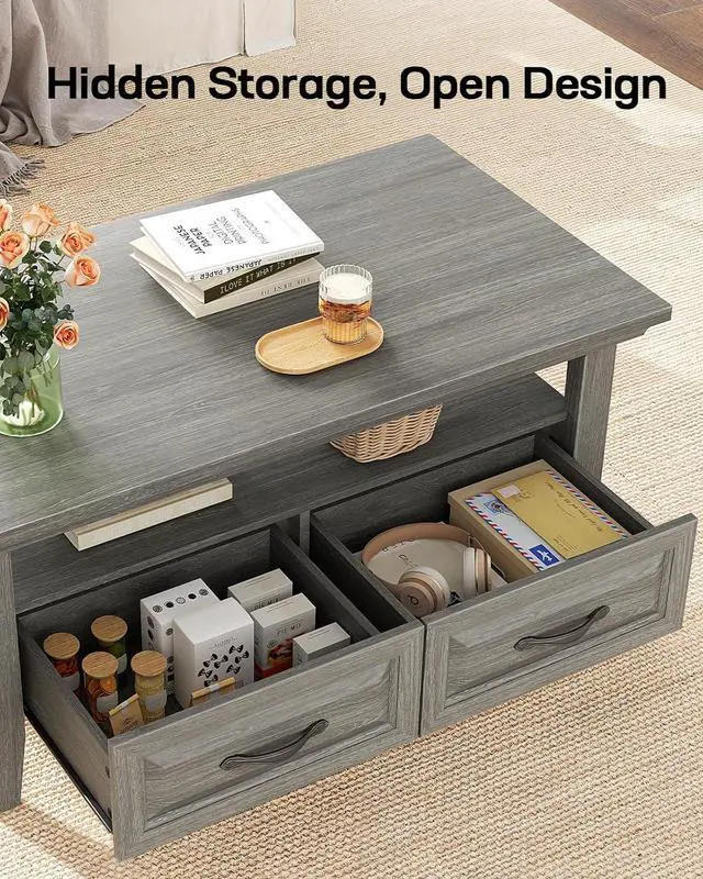 Alt view image 7 of 7 - Farmhouse Coffee Table with Storage, 39.4" Wood Coffee Table for Living Room, Rustic Center Table with 2 Drawers, Open Display Area, Dark Grey