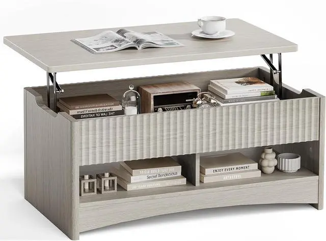 Main image of Modern Lift Top Coffee Table with Storage, Fluted Design, Hidden Compartment & Open Shelf, Hydraulic Lift Tabletop, Center Table for Living Room, Grey