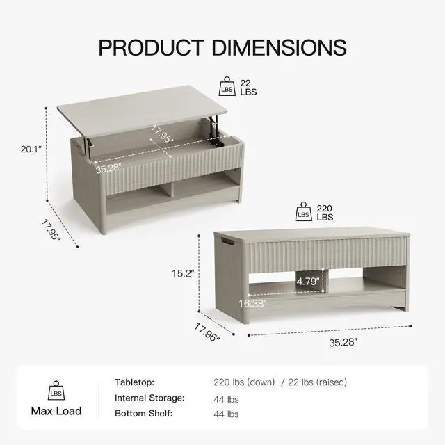 Alt view image 2 of 7 - Modern Lift Top Coffee Table with Storage, Fluted Design, Hidden Compartment & Open Shelf, Hydraulic Lift Tabletop, Center Table for Living Room, Grey