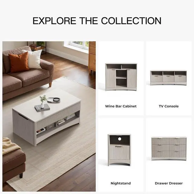 Alt view image 3 of 7 - Modern Lift Top Coffee Table with Storage, Fluted Design, Hidden Compartment & Open Shelf, Hydraulic Lift Tabletop, Center Table for Living Room, Grey
