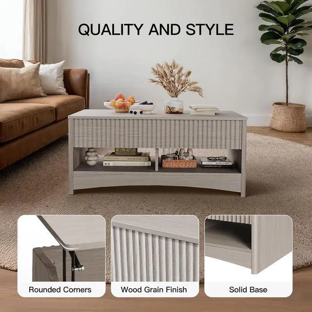 Alt view image 4 of 7 - Modern Lift Top Coffee Table with Storage, Fluted Design, Hidden Compartment & Open Shelf, Hydraulic Lift Tabletop, Center Table for Living Room, Grey