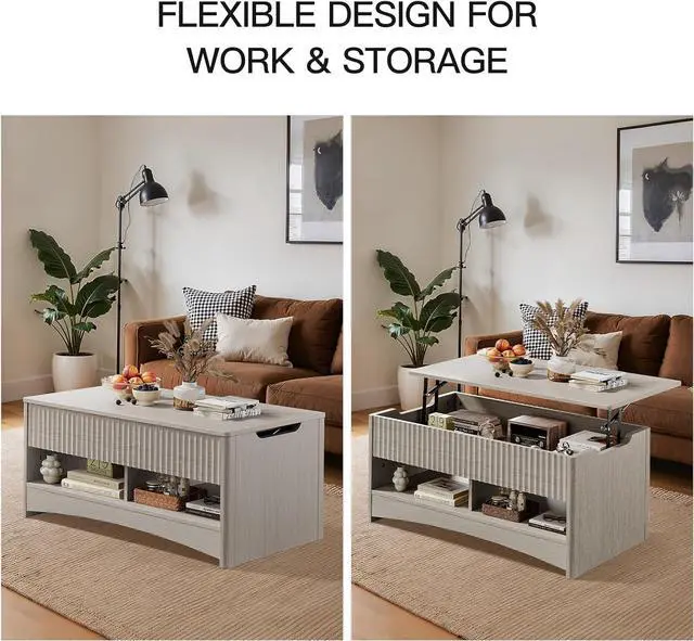 Alt view image 5 of 7 - Modern Lift Top Coffee Table with Storage, Fluted Design, Hidden Compartment & Open Shelf, Hydraulic Lift Tabletop, Center Table for Living Room, Grey