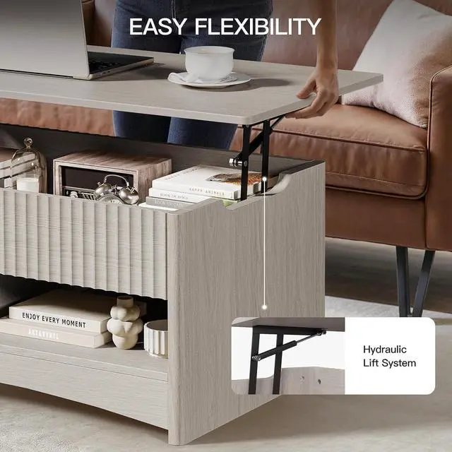 Alt view image 6 of 7 - Modern Lift Top Coffee Table with Storage, Fluted Design, Hidden Compartment & Open Shelf, Hydraulic Lift Tabletop, Center Table for Living Room, Grey