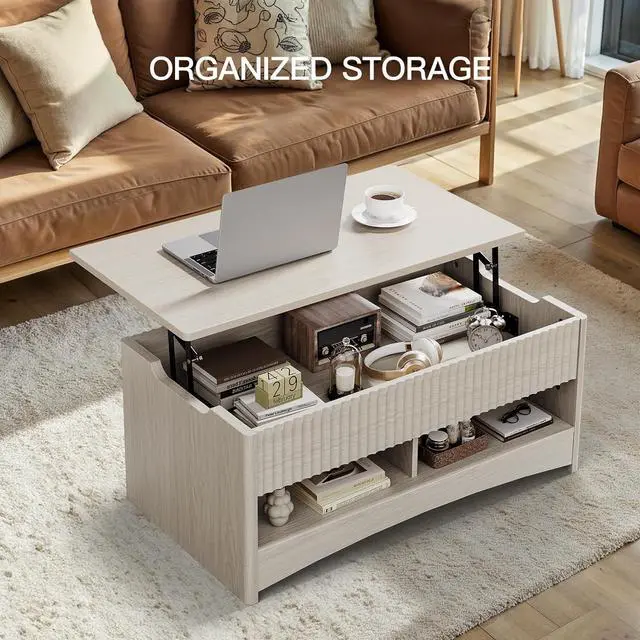 Alt view image 7 of 7 - Modern Lift Top Coffee Table with Storage, Fluted Design, Hidden Compartment & Open Shelf, Hydraulic Lift Tabletop, Center Table for Living Room, Grey