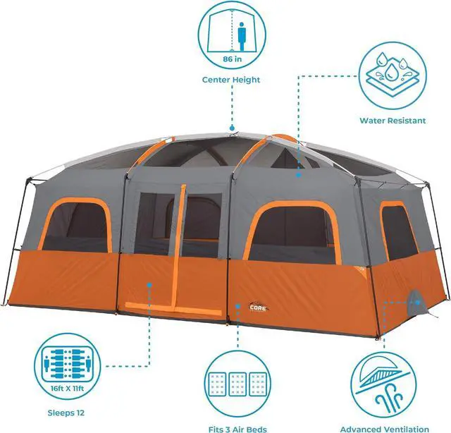 Alt view image 2 of 7 - CORE Tent for Family Camping | 10 Person / 11 Person / 12 Person Large Multi Room Cabin Tents for Car Camping & Outdoor Adventures