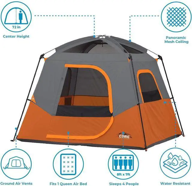 Alt view image 2 of 7 - CORE Tent for Family Camping | 4 Person & 6 Person Portable Camp Tent with Carry Bag for Outdoor Car Camping | Included Gear Loft Organizer for Camp Accessories