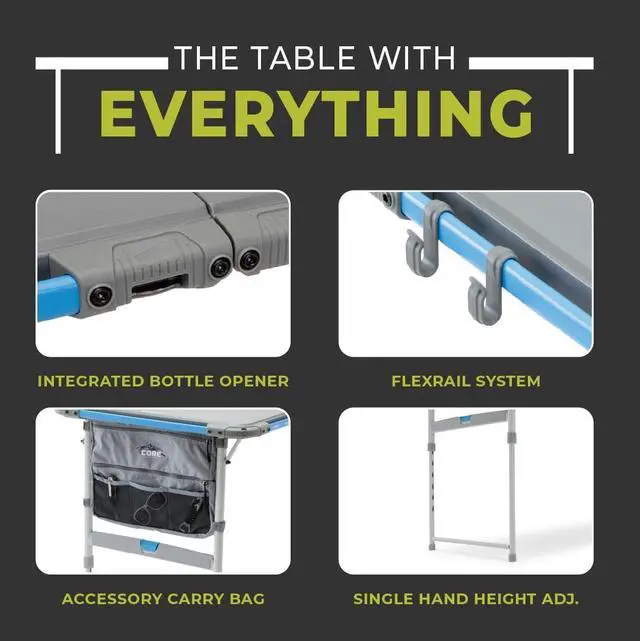 Alt view image 6 of 7 - CORE Outdoor Cook Table | 4 Foot Table with Adjustable Height and Storage for Cooking Accessories | Foldable & Portable for Beach, Picnic, Backyards, BBQ, Tailgate, Patio and Party
