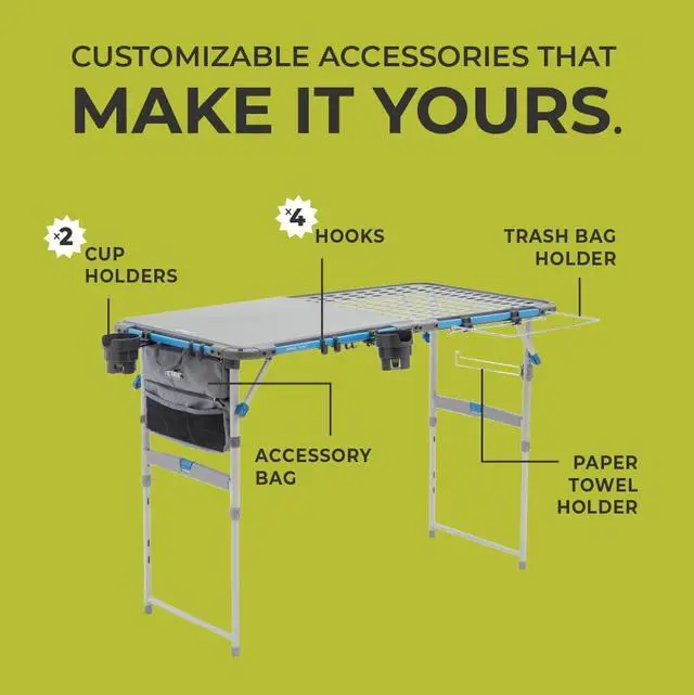 Alt view image 7 of 7 - CORE Outdoor Cook Table | 4 Foot Table with Adjustable Height and Storage for Cooking Accessories | Foldable & Portable for Beach, Picnic, Backyards, BBQ, Tailgate, Patio and Party