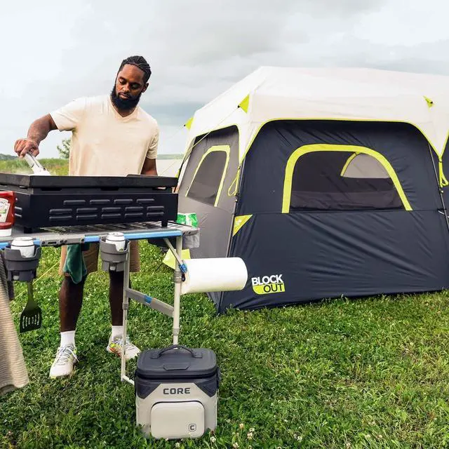 Alt view image 5 of 7 - CORE Outdoor Cook Table | 4 Foot Table with Adjustable Height and Storage for Cooking Accessories | Foldable & Portable for Beach, Picnic, Backyards, BBQ, Tailgate, Patio and Party