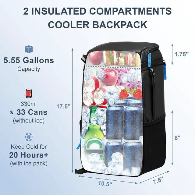 Alt view image 4 of 6 - Backpack Cooler Insulated Leak Proof 33/49 Cans, 2 Insulated Compartments Thermal Bag, Portable Lightweight Beach Travel Camping Lunch Backpack for Men and Women