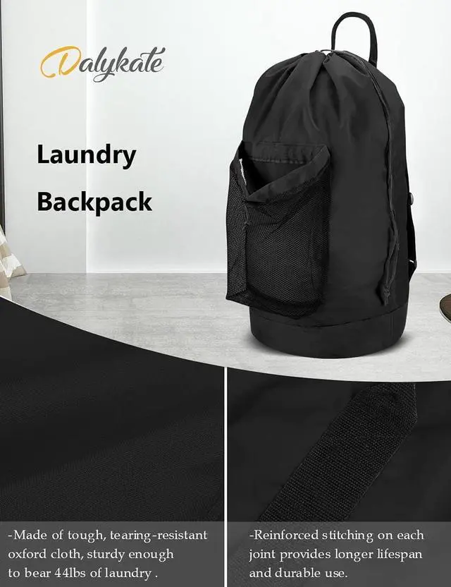 Alt view image 5 of 7 - Dalykate Backpack Laundry Bag, Laundry Backpack with Shoulder Straps and Mesh Pocket Durable Nylon Clothes Hamper Bag with Drawstring Closure for College, Travel, Laundromat, Apartment