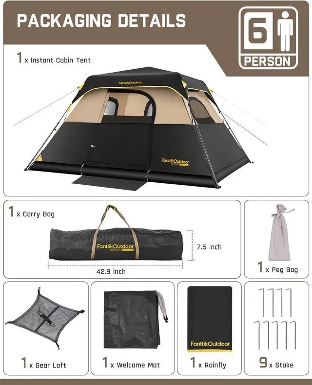 Alt view image 3 of 7 - FanttikOutdoor Camping Tent 4/6/8/10 Person Instant Cabin Tent Setup in 60 Seconds with Rainfly & Windproof Portable with Carry Bag for Family Camping & Hiking