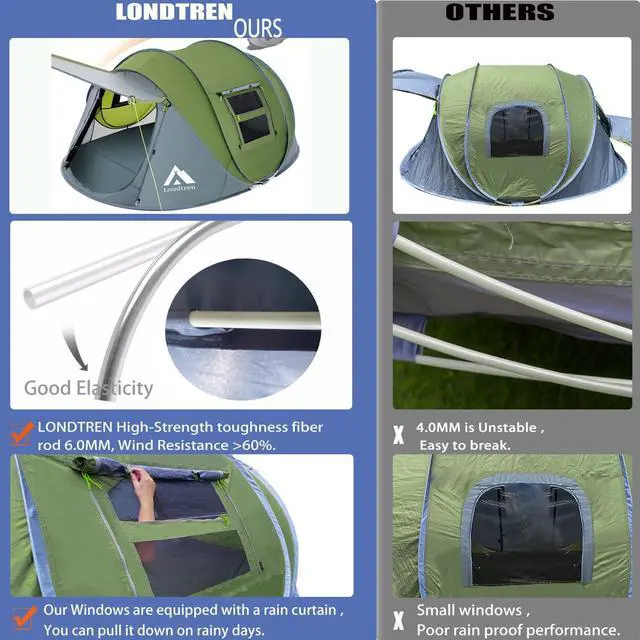 Alt view image 2 of 6 - 4 Person Easy Pop Up Tent Waterproof Automatic Setup 2 Doors-Instant Family Tents for Camping Hiking & Traveling