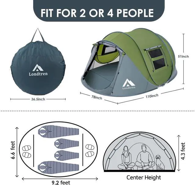 Alt view image 3 of 6 - 4 Person Easy Pop Up Tent Waterproof Automatic Setup 2 Doors-Instant Family Tents for Camping Hiking & Traveling