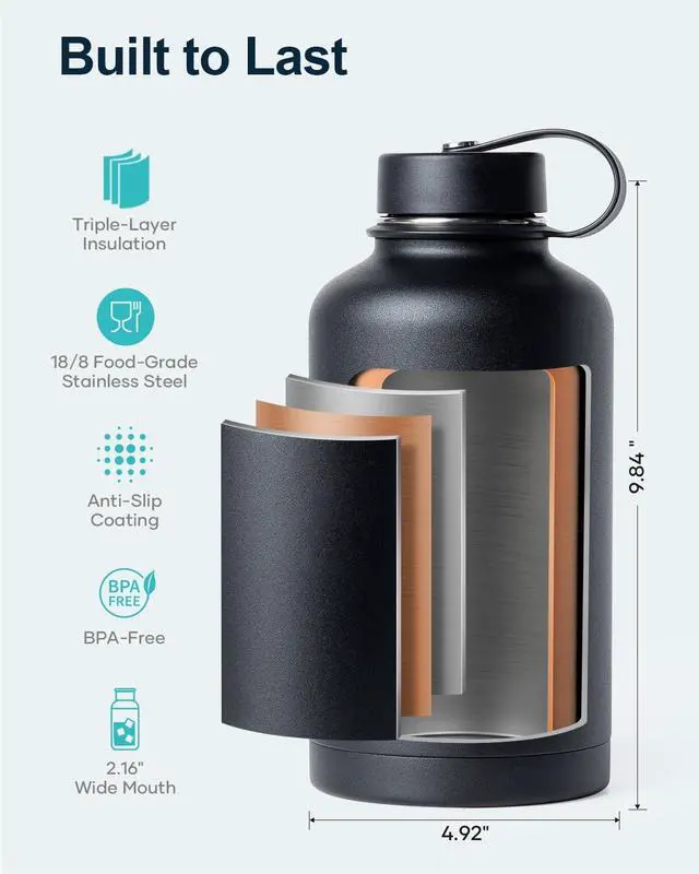 Alt view image 2 of 7 - BUZIO Vacuum Insulated Stainless Steel Water Bottle 64oz (Cold for 48 Hrs/Hot for 24 Hrs) BPA Free Double Wall Travel Mug/Flask for Outdoor Sports Hiking, Cycling, Camping, Running
