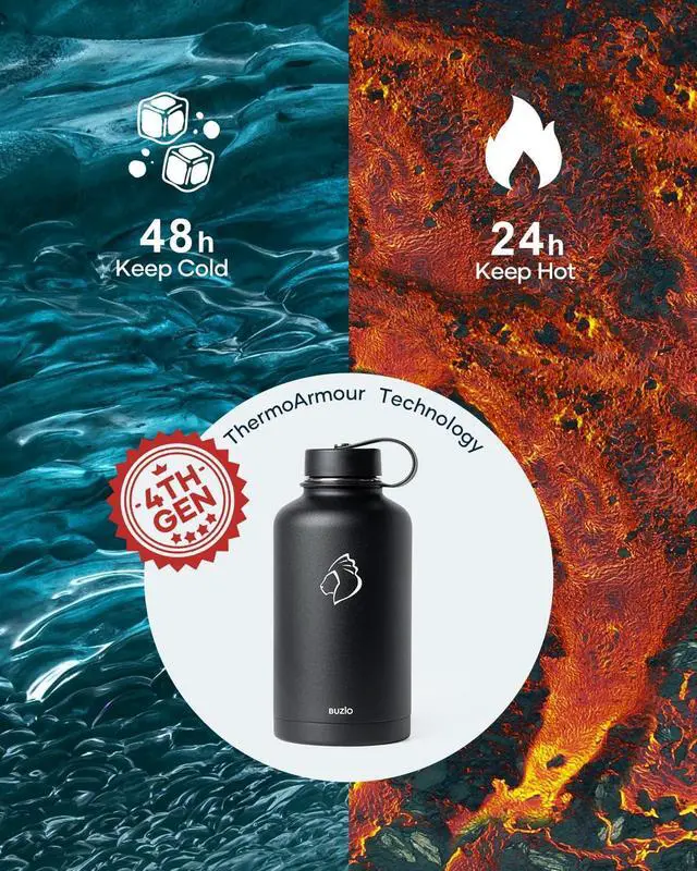 Alt view image 3 of 7 - BUZIO Vacuum Insulated Stainless Steel Water Bottle 64oz (Cold for 48 Hrs/Hot for 24 Hrs) BPA Free Double Wall Travel Mug/Flask for Outdoor Sports Hiking, Cycling, Camping, Running