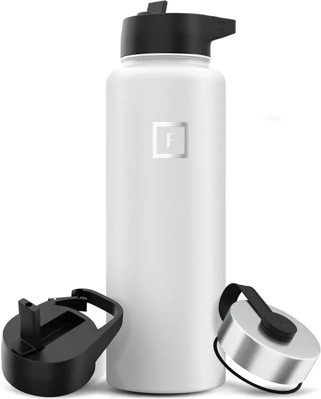 Main image of IRON °FLASK Camping & Hiking Hydration Flask with 3 Lids - Stainless Steel, Double Walled & Vacuum Insulated Water Bottle - Leak Proof & BPA Free (Winter White, Straw - 40 oz)