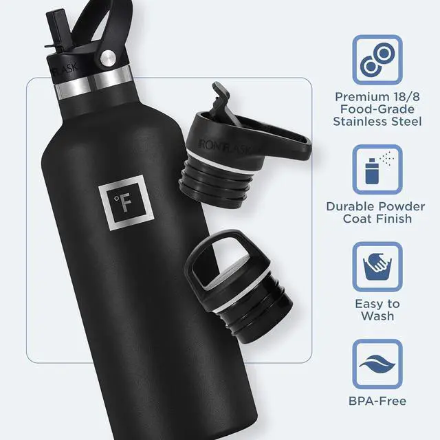 Alt view image 6 of 6 - IRON °FLASK Camping & Hiking Hydration Canteens - 3 Lids (Narrow Straw Lid) Leak Proof Vacuum Insulated Stainless Steel - Hot & Cold Double Walled Sports Water Bottle - Dark Rainbow, 32 Oz