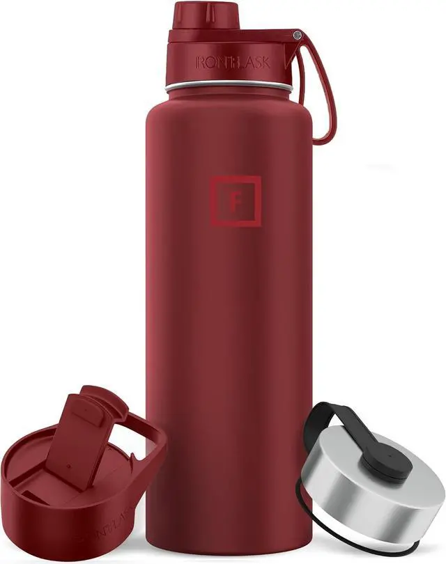 Main image of IRON °FLASK Camping & Hiking Hydration Flask, Wide Mouth, 3 Spout Lids, Stainless Steel Outdoor Water Bottle, Double Walled, Insulated Thermos, Metal Canteen - Rustic Berry, 40 Oz