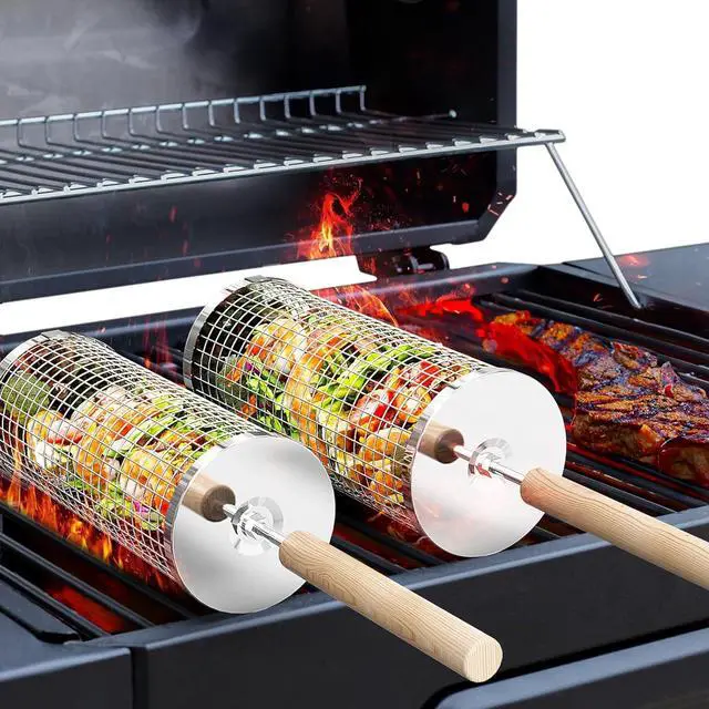 Main image of Rolling Grill Baskets, Removable Wooden Handle, 304 Stainless Steel, Nesting Grilling Net, BBQ Accessories Tools for Vegetable Shrimp, Outdoor Cooking Camping, Birthday Gifts for Men Dad Husband