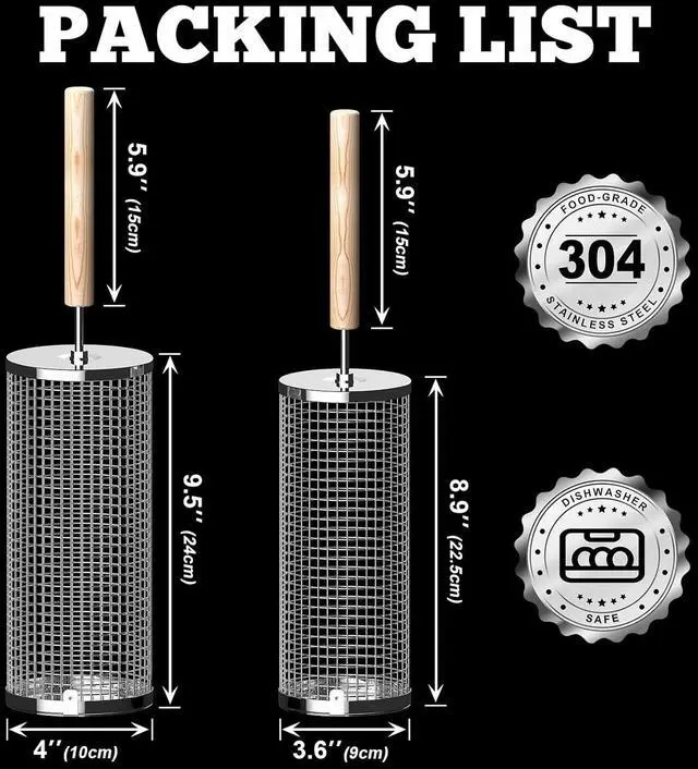 Alt view image 2 of 7 - Rolling Grill Baskets, Removable Wooden Handle, 304 Stainless Steel, Nesting Grilling Net, BBQ Accessories Tools for Vegetable Shrimp, Outdoor Cooking Camping, Birthday Gifts for Men Dad Husband