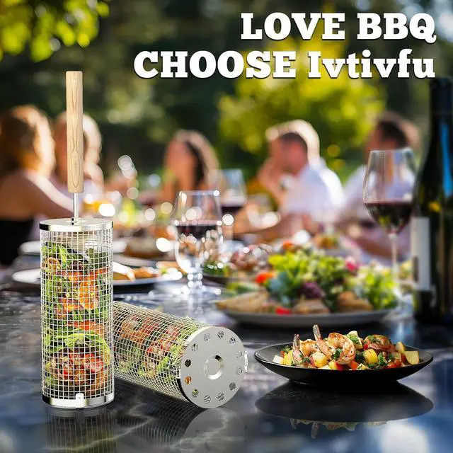 Alt view image 3 of 7 - Rolling Grill Baskets, Removable Wooden Handle, 304 Stainless Steel, Nesting Grilling Net, BBQ Accessories Tools for Vegetable Shrimp, Outdoor Cooking Camping, Birthday Gifts for Men Dad Husband