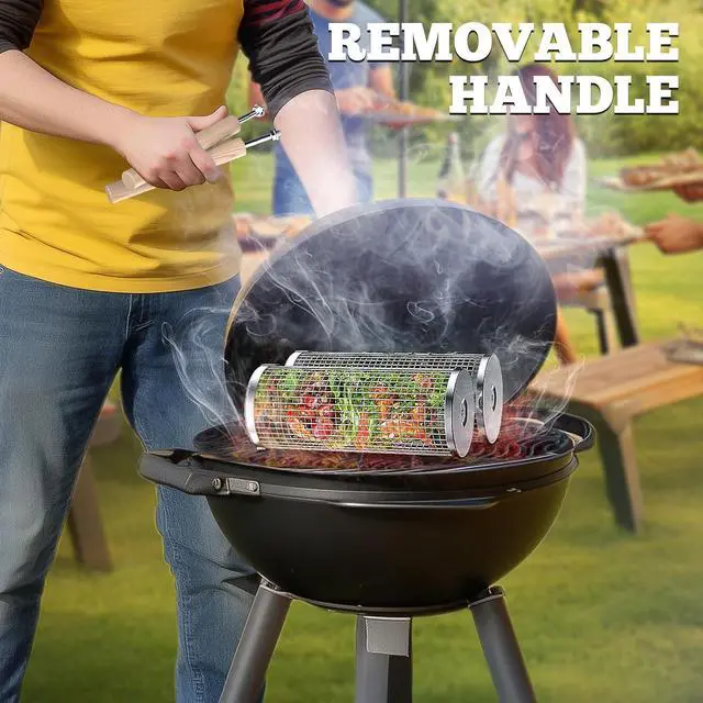 Alt view image 4 of 7 - Rolling Grill Baskets, Removable Wooden Handle, 304 Stainless Steel, Nesting Grilling Net, BBQ Accessories Tools for Vegetable Shrimp, Outdoor Cooking Camping, Birthday Gifts for Men Dad Husband