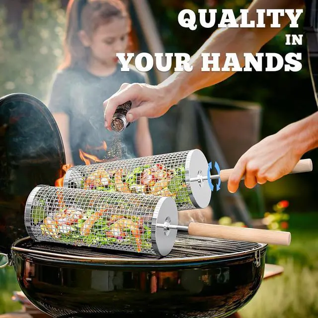 Alt view image 5 of 7 - Rolling Grill Baskets, Removable Wooden Handle, 304 Stainless Steel, Nesting Grilling Net, BBQ Accessories Tools for Vegetable Shrimp, Outdoor Cooking Camping, Birthday Gifts for Men Dad Husband