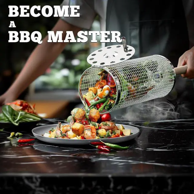 Alt view image 6 of 7 - Rolling Grill Baskets, Removable Wooden Handle, 304 Stainless Steel, Nesting Grilling Net, BBQ Accessories Tools for Vegetable Shrimp, Outdoor Cooking Camping, Birthday Gifts for Men Dad Husband