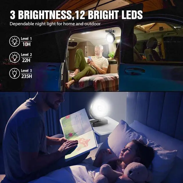 Alt view image 3 of 7 - Portable Camping Fan with LED Lantern- 40H Work Time Rechargeable Battery Operated Fan with Hanging Hook for Tent Car RV Hurricane Emergency Outages Survival Kit