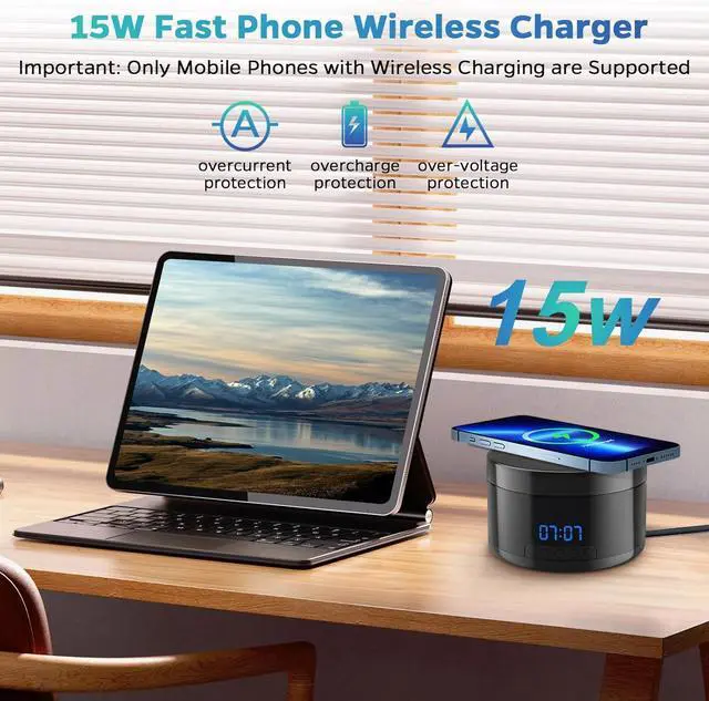 Alt view image 6 of 6 - Small Security Camera Indoor Wireless Charger - 1080P Clock Camera with 15W Fast Phone Charger - Mini WiFi Cameras Wireless Nanny Cam with 160°Rotating Viewing Angle - AI Motion Detection