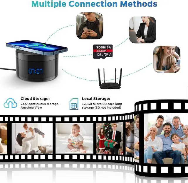Alt view image 5 of 6 - Small Security Camera Indoor Wireless Charger - 1080P Clock Camera with 15W Fast Phone Charger - Mini WiFi Cameras Wireless Nanny Cam with 160°Rotating Viewing Angle - AI Motion Detection