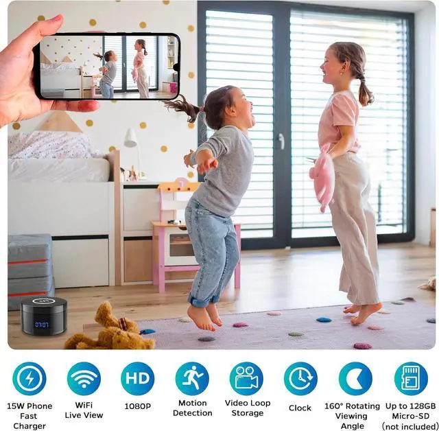 Alt view image 2 of 6 - Small Security Camera Indoor Wireless Charger - 1080P Clock Camera with 15W Fast Phone Charger - Mini WiFi Cameras Wireless Nanny Cam with 160°Rotating Viewing Angle - AI Motion Detection