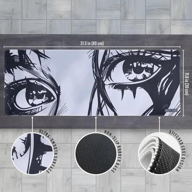 Alt view image 3 of 7 - XL Anime Eyes Mouse Pad  Large Manga Girl Desk Mat 31.5x11.8  Non-Slip, Water-Resistant, Stitched Edges  Aesthetic Japanese Gaming Mat