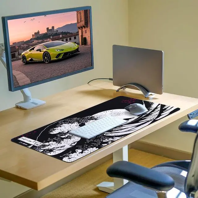 Alt view image 5 of 7 - Japanese Mouse Pad, Black Anime Gaming Mousepad Non-Slip Rubber Base with Stitched Edges, Keyboard Pad Desk mat for Home/Office/School, 31.5 x 11.8 Inch