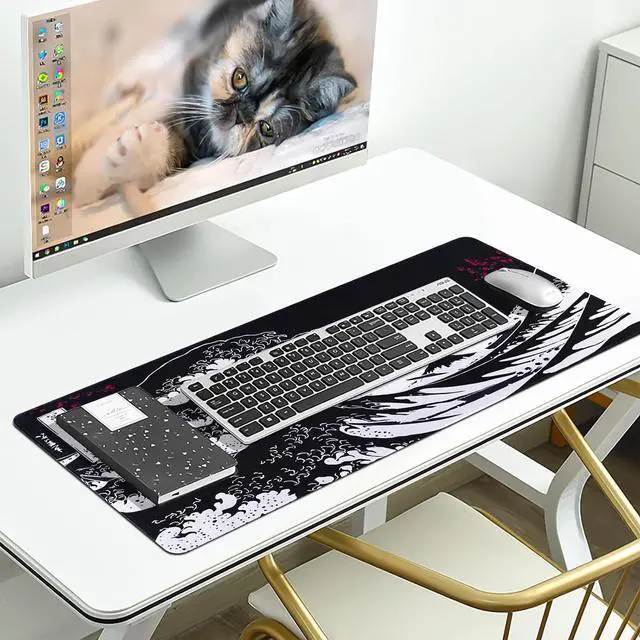 Alt view image 3 of 7 - Japanese Mouse Pad, Black Anime Gaming Mousepad Non-Slip Rubber Base with Stitched Edges, Keyboard Pad Desk mat for Home/Office/School, 31.5 x 11.8 Inch