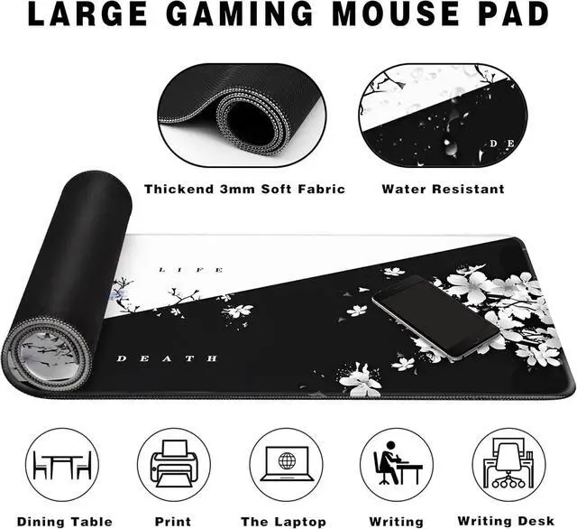 Alt view image 3 of 7 - Long Gaming Mouse Pad Extended Anime Large Desk Pad with Non-Slip Base Full Keyboard Mat with Stitched Edges for Gaming and Office 31.5 x 11.8 inches (Black Cherry Blossom)