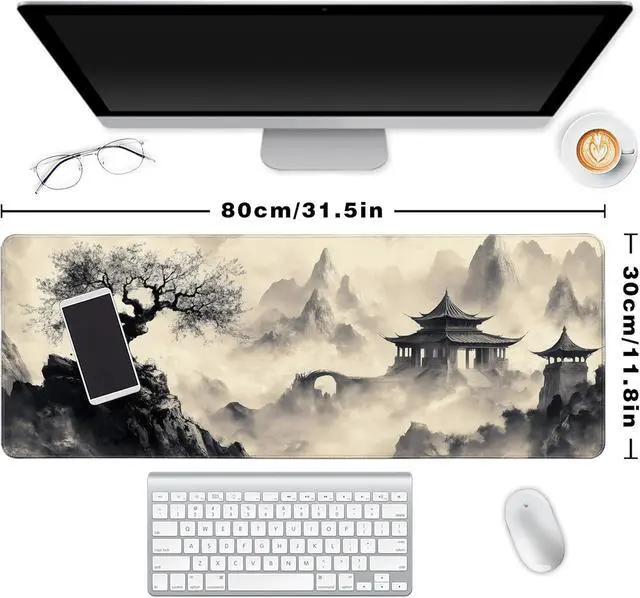Alt view image 6 of 7 - Long Gaming Mouse Pad Extended Anime Large Desk Pad with Non-Slip Base Full Keyboard Mat with Stitched Edges for Gaming and Office 31.5 x 11.8 inches (Black Ink Painting)