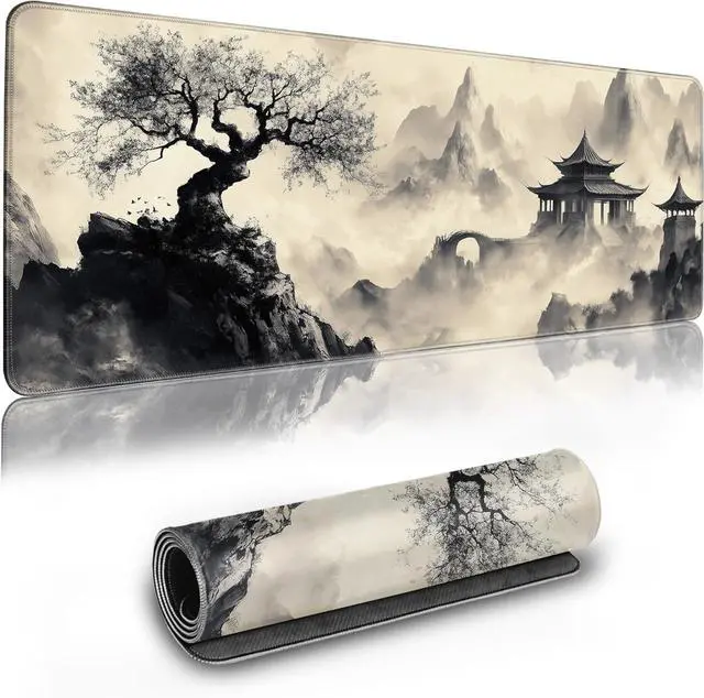 Main image of Long Gaming Mouse Pad Extended Anime Large Desk Pad with Non-Slip Base Full Keyboard Mat with Stitched Edges for Gaming and Office 31.5 x 11.8 inches (Black Ink Painting)