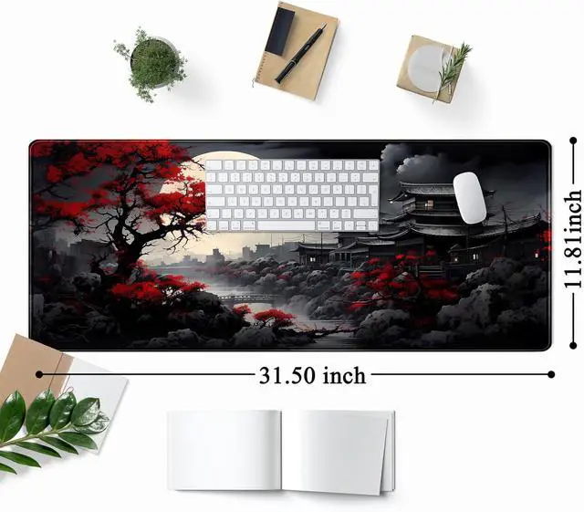 Alt view image 5 of 7 - Riverside Full Moon Desk Mat Japanese Desk Pad Black Red Large Mouse Pad Gaming Mousepad Extended XXL Keyboard Pad 31.5 x 11.8 in Laptop Computer Mouse Keyboard Mat for Office Decor