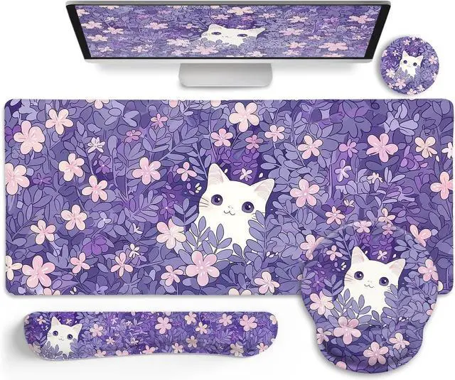 Alt view image 2 of 6 - Purple Mouse Pad Large Desk Mat Set, Kawaii Cat Computer Mouse Pad with Wrist Rest Keyboard Wrist Support XXL Mousepad Cup Coaster Set, Cute Purple Office Desk Accessories Cat Decor Supplies